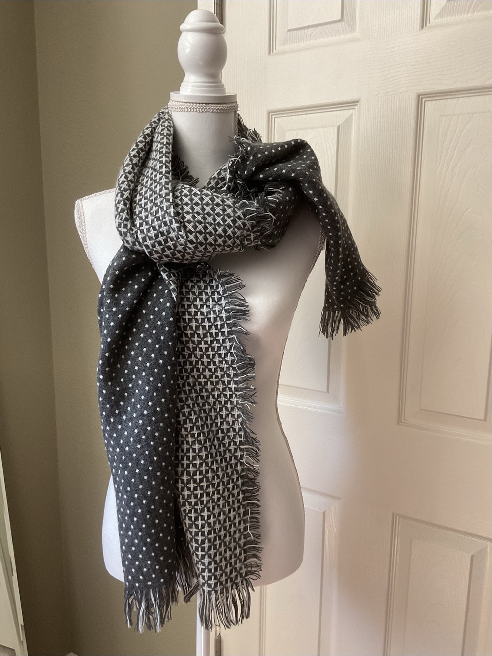 Arianne Gray and White Patterned Fringe Scarf Wrap
